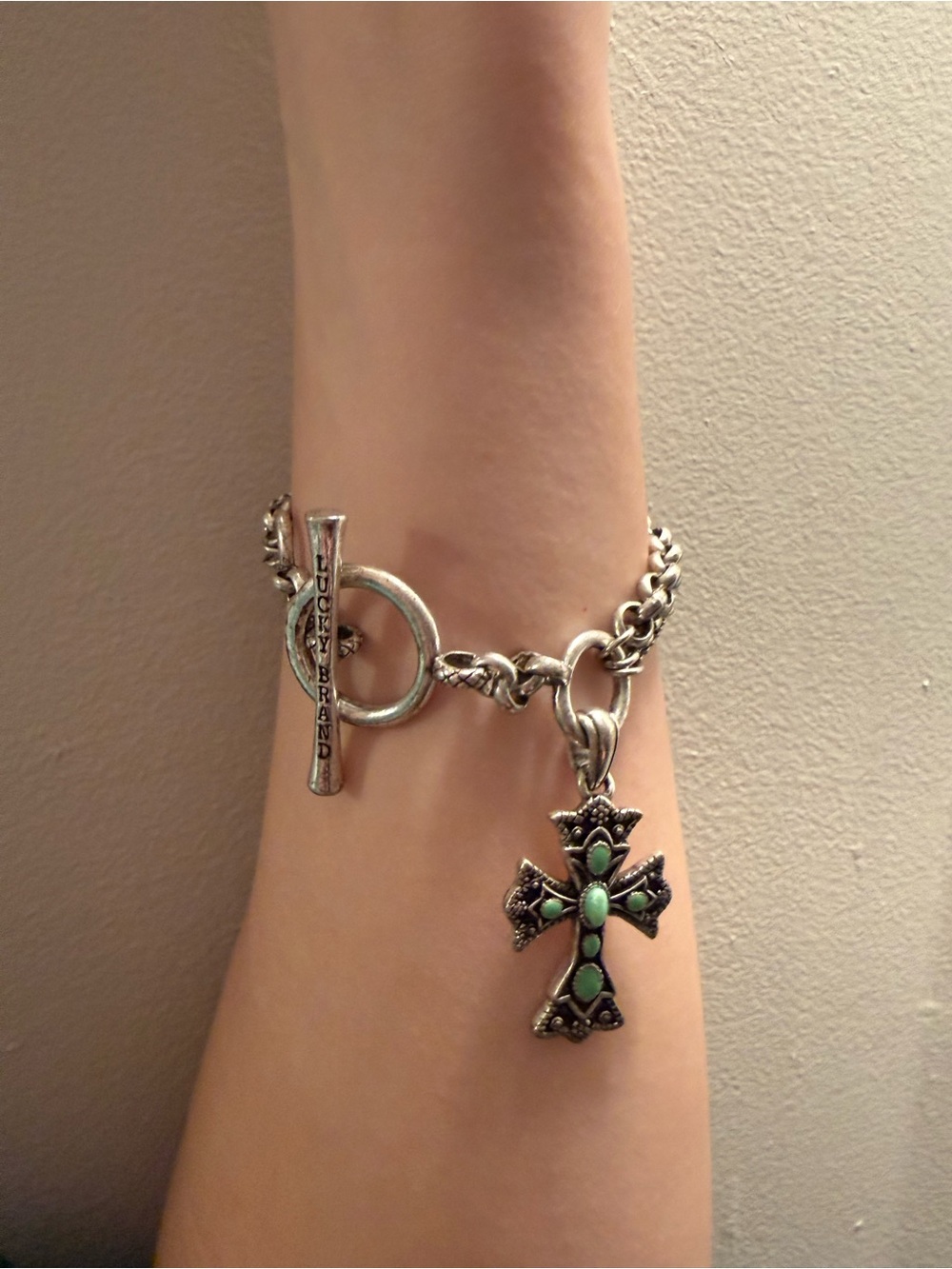Lucky Brand Silver-Tone Cross Charm Bracelet with Turquoise Accents